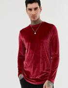 Asos Design Muscle Longline Long Sleeve T-shirt With Stretch In Velour With Curved Hem In Oxblood - Red