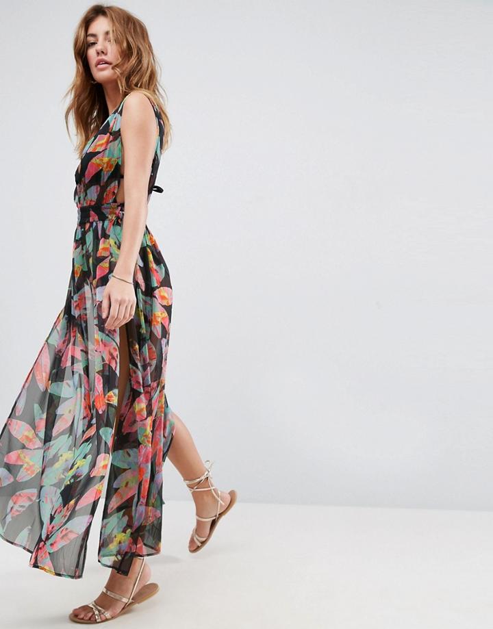 Asos Beach Deep Plunge Tie Side Maxi With Splits In Photographic Palm Print - Multi