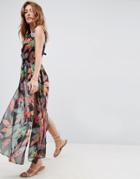 Asos Beach Deep Plunge Tie Side Maxi With Splits In Photographic Palm Print - Multi