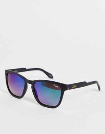 Quay Hardwire Unisex Square Sunglasses With Polarized Lens In Black With Navy Lens