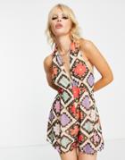 Asos Design Mesh Halter Neck Flippy Romper In Crochet Print-multi
