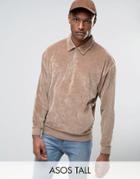 Asos Tall Sweatshirt With Half Zip And Collar In Velour - Beige