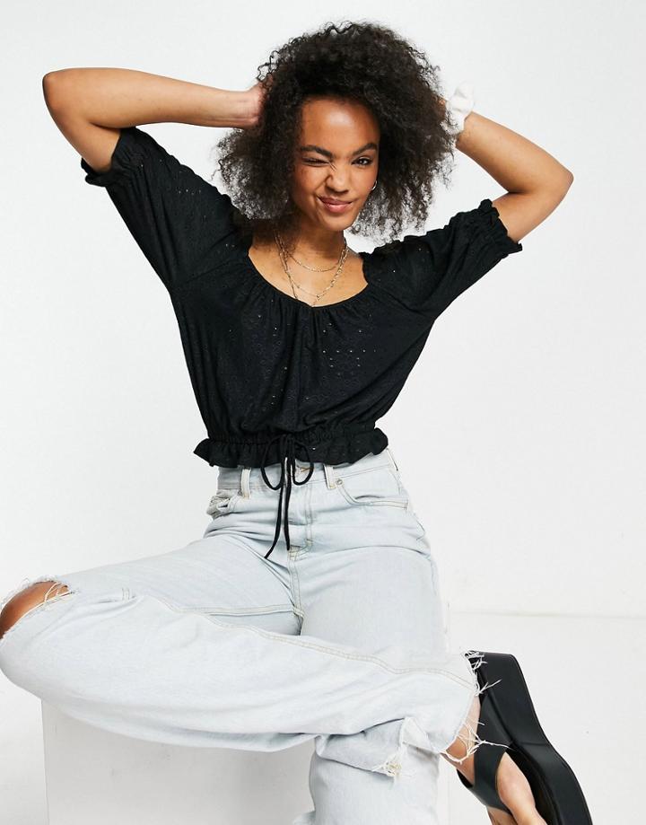 Brave Soul Bilo Eyelet Top With Elasticized Waist In Black