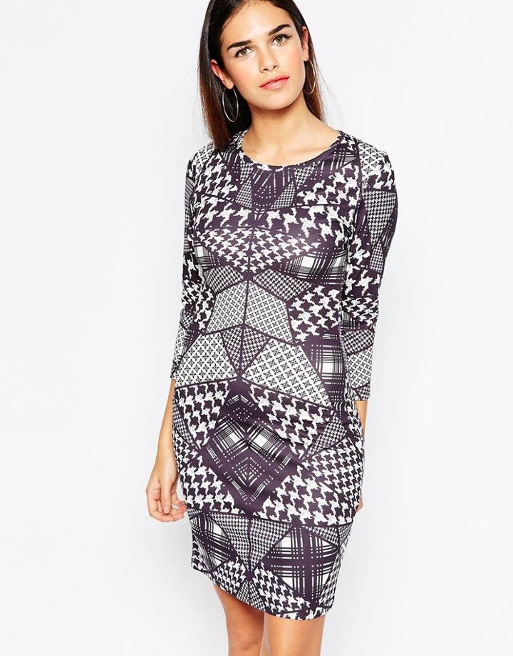 City Goddess Body-conscious Dress In Houndstooth Check Placement Print - Black