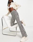 Topshop High Waisted Bengaline Flared Pants In Wavy Print-white
