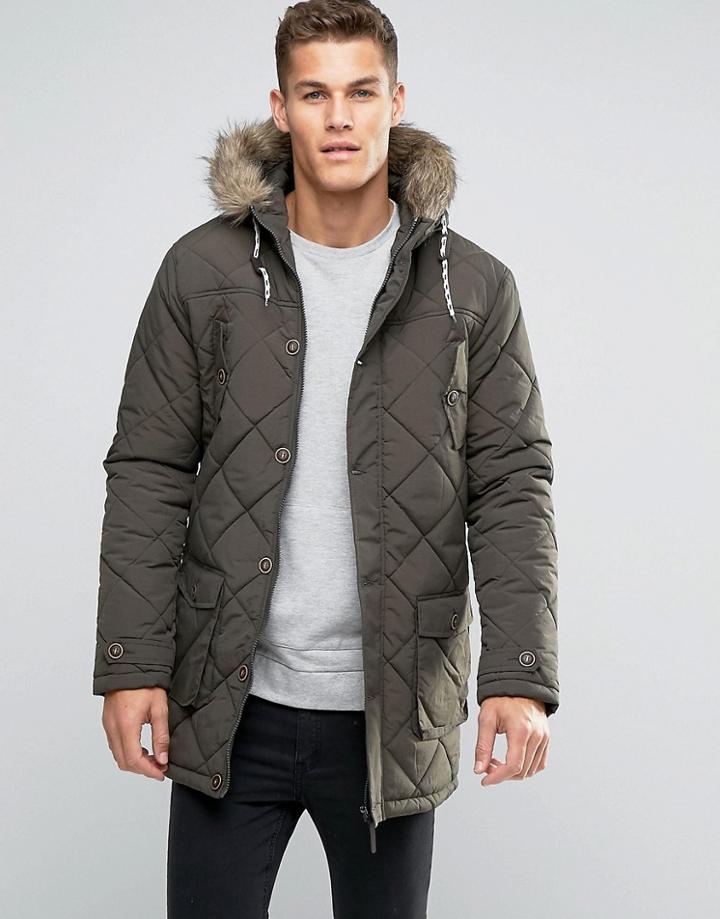 Brave Soul Quilted Parka Jacket With Faux Fur Trim Hood - Green