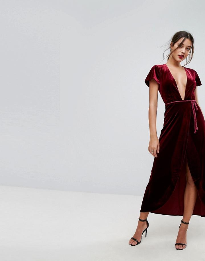 Lioness Allover Velvet Wrap Maxi Dress With Rope Belt Detail - Red