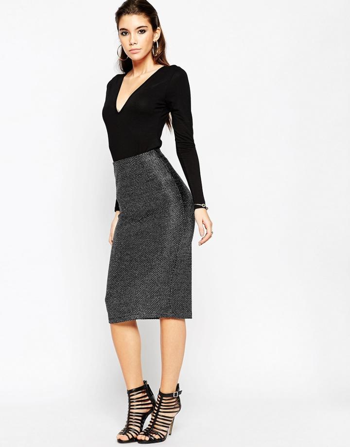 Asos Night Pencil Skirt In Metallic Texture - Silver