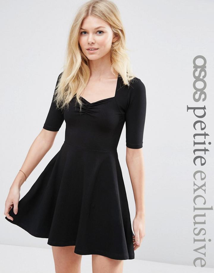 Asos Petite Skater Dress With Sweetheart Neck - Black