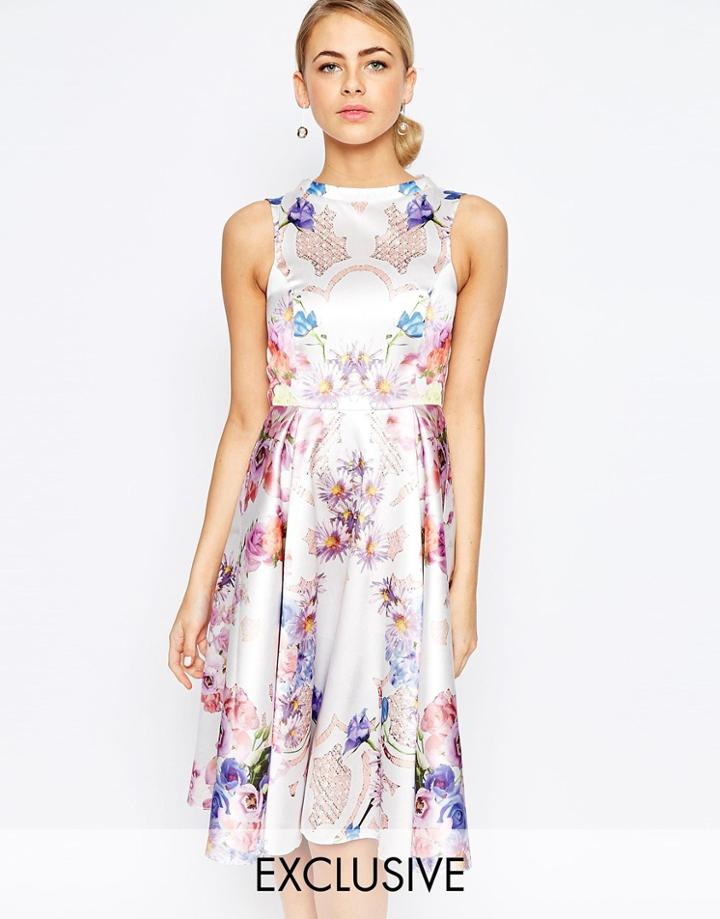 Hope And Ivy High Neck Skater Dress In Placement Print - Nude Multi