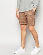 Asos Slim Chino Shorts In Tan With Oil Wash - Beige
