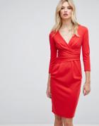 City Goddess Tall 3/4 Sleeve Pleat Detail Midi Dress - Red