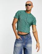 Asos Design Skinny Cropped T-shirt In Green Printed Plisse