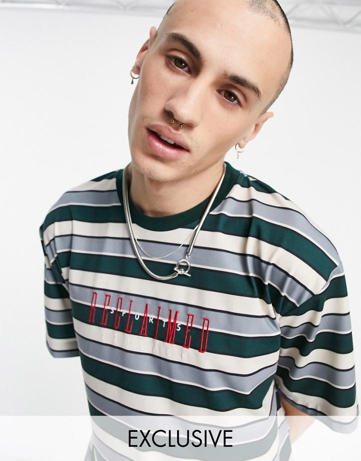 Reclaimed Vintage Inspired Recycled Stripe T-shirt With Sports Logo Embroidery-green