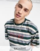 Reclaimed Vintage Inspired Recycled Stripe T-shirt With Sports Logo Embroidery-green