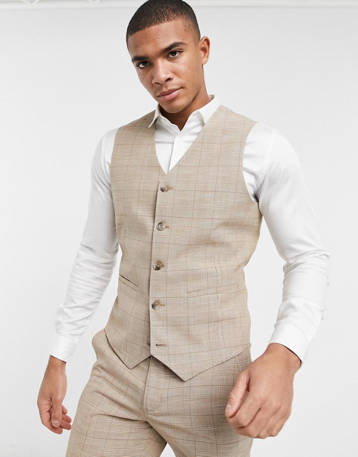 Asos Design Wedding Super Skinny Suit Vest In Prince Of Wales Check In Camel-neutral