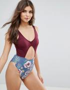 Bikini Lab Floral Color Block Cut Out Swimsuit - Multi