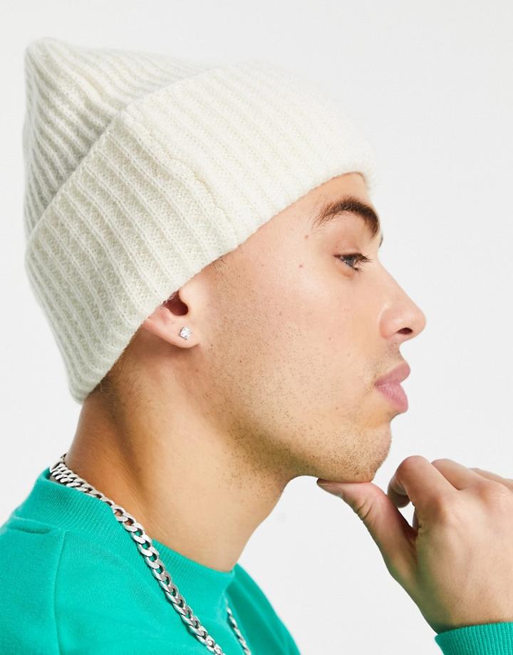 Asos Design Lambswool Rib Beanie With Deep Turn Up In Ecru-neutral