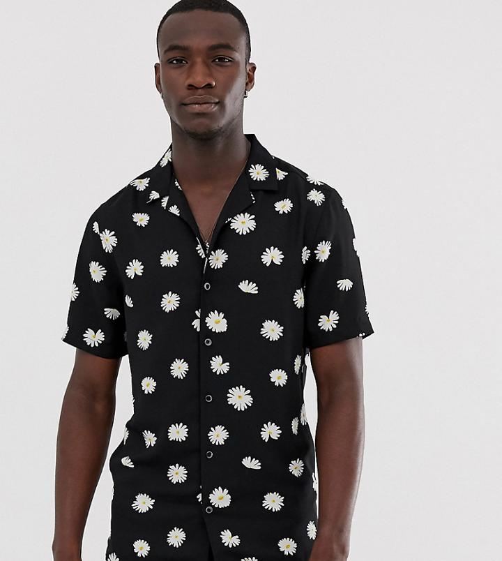 Asos Design Tall Regular Fit Daisy Print Shirt With Revere Collar-black