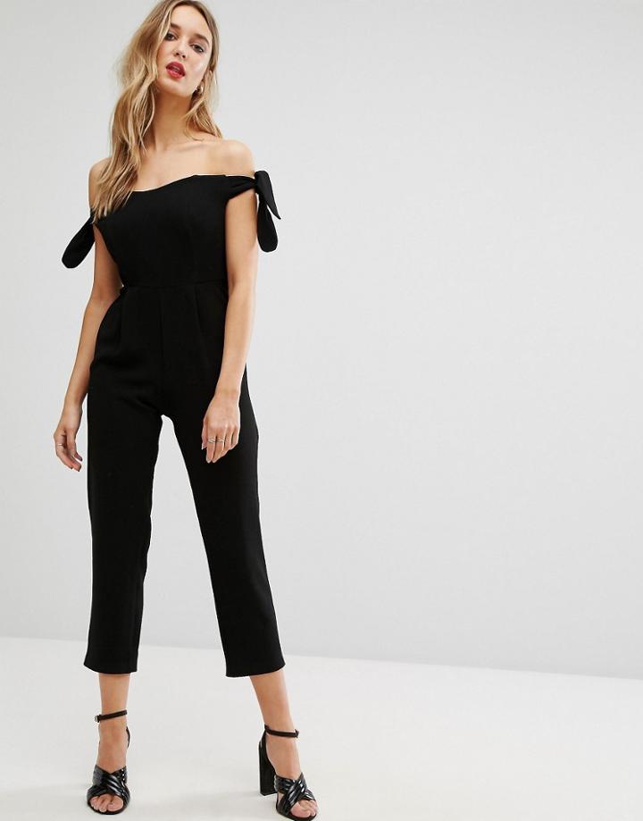 New Look Bardot Tie Sleeve Cropped Jumpsuit - Black
