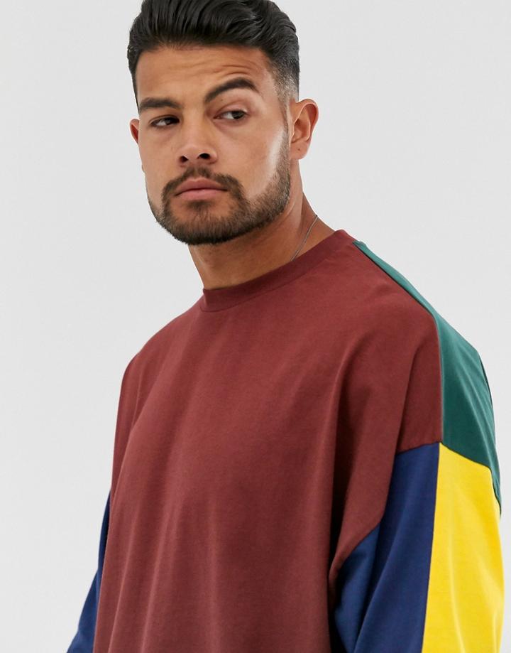 Asos Design Oversized Long Sleeve T-shirt With Contrast Color Block In Burgundy - Brown
