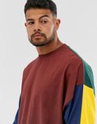 Asos Design Oversized Long Sleeve T-shirt With Contrast Color Block In Burgundy - Brown