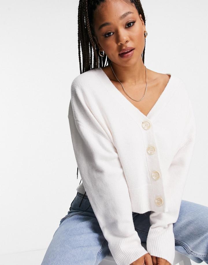 Asos Design Button Up Fluffy Boxy Cardi In Cream-white