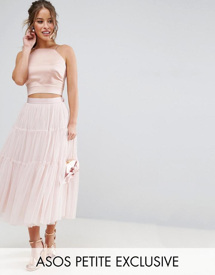 Asos Petite Mesh Tiered Midi Skirt - Pink