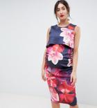 True Violet Maternity Overlay Midi Dress In Floral Print-multi
