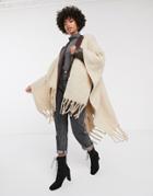 Asos Design Cape In 2 Tone Fluffy Yarns With Tassels-beige