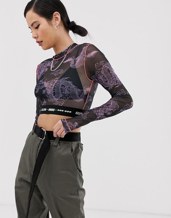 Collusion Mesh Crop Top In Dragon Print With Lettuce Edge - Multi