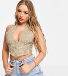Missguided Halterneck Crop Top With Cross Front In Brown Gingham