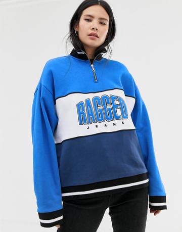 Ragged Jeans Sweatshirt With Half Zip - Blue