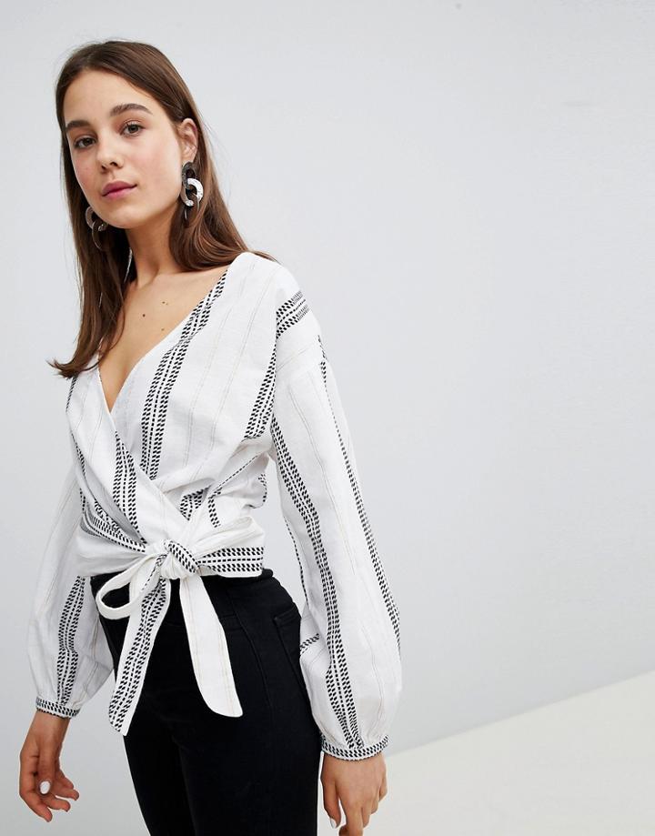 New Look Dash Stripe Tie Side Blouse - White