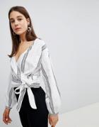 New Look Dash Stripe Tie Side Blouse - White
