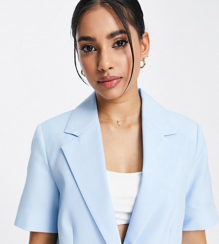 Miss Selfridge Petite Longline Short Sleeve Blazer In Sky Blue