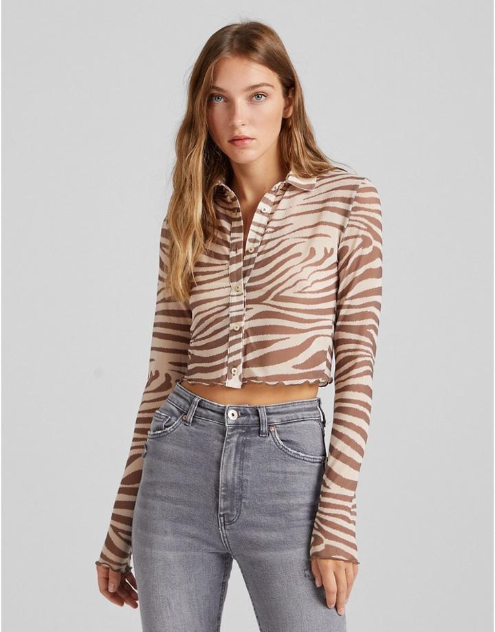 Bershka Mesh Shirt In Brown Zebra Print