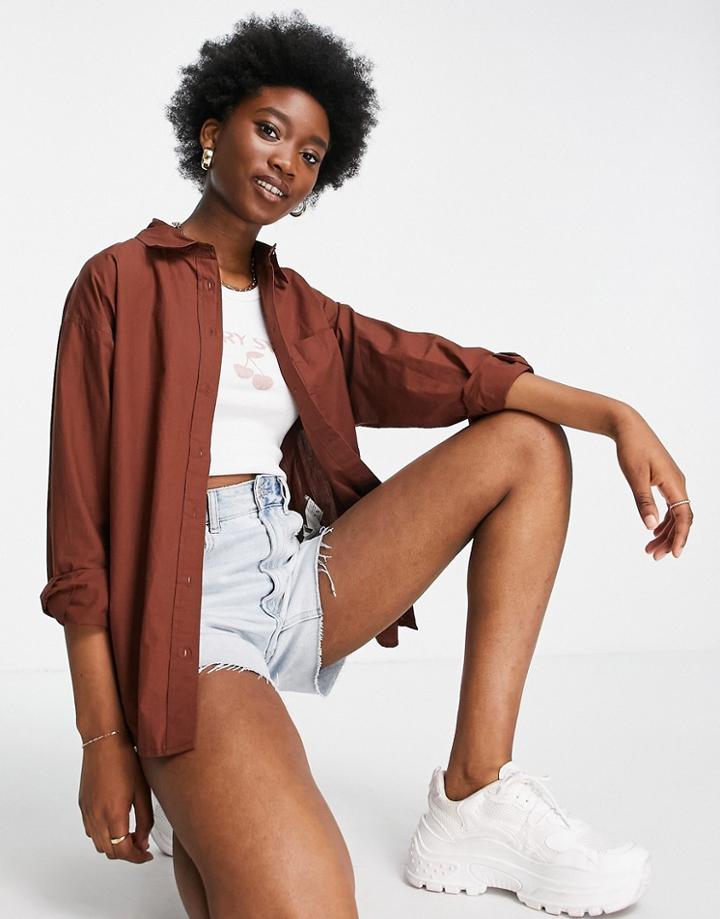 Stradivarius Oversized Poplin Shirt In Chocolate Brown