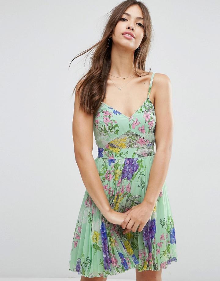 Asos Sheer And Solid Pleated Mini Dress In Scarf Print - Mint