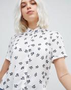 Pull & Bear Basic Button Detail Shirt In White Floral - Multi