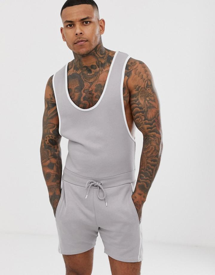 Asos Design Short Jumpsuit With Racer Back In Gray With Piping