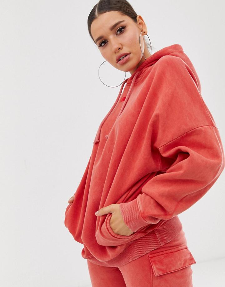 Criminal Damage Oversized Acid Wash Hoodie Two-piece-red