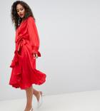 Y.a.s Tall Satin Wrap Dress With Ruffle Skirt - Red
