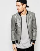 Replay Leather Bomber Jacket Zip Front - Gray