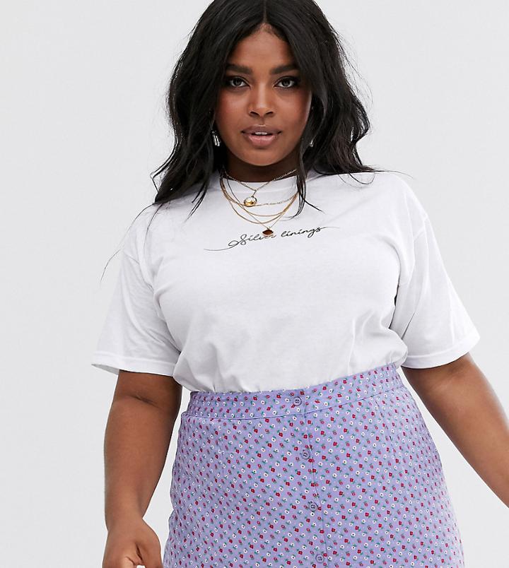 Daisy Street Plus Relaxed T-shirt With Silver Linings Print-white