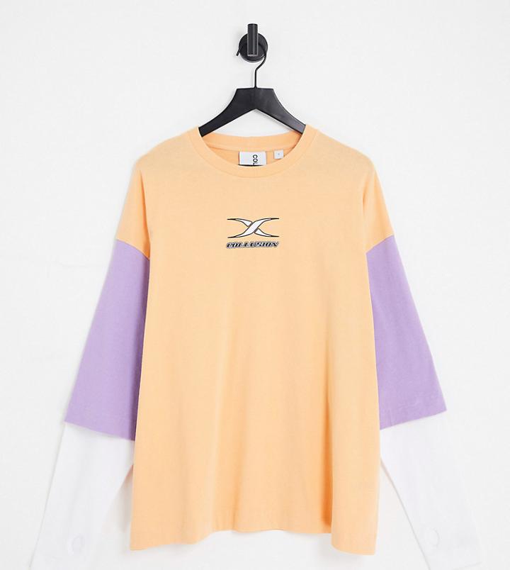 Collusion Oversized Double Layer T-shirt In Coral And Lilac-orange