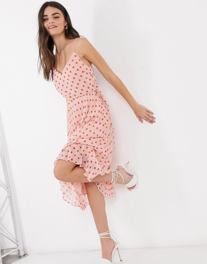 Asos Design Pleated Cami Midi Dress With Drawstring Waist In Polka Dot-multi
