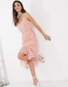 Asos Design Pleated Cami Midi Dress With Drawstring Waist In Polka Dot-multi