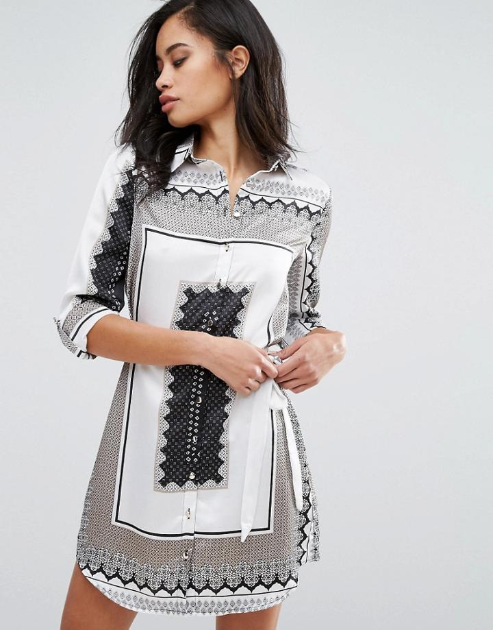 Parisian Scarf Print Shirt Dress - White