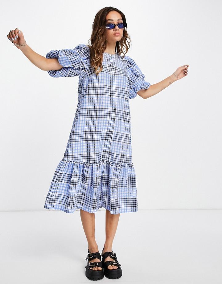 Vila Peplum Hem Midi Dress In Blue Check-multi